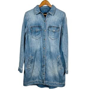 Liverpool Snap Front Chambray Dress Shacket Dual Pocket Long Sleeve - M